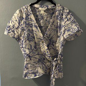 H&M Blue Linen Floral Tropical Wrap Top Size XS